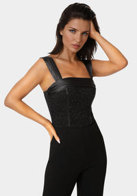 Side View-Palazzo Leg Lace Corset Jumpsuit-Black