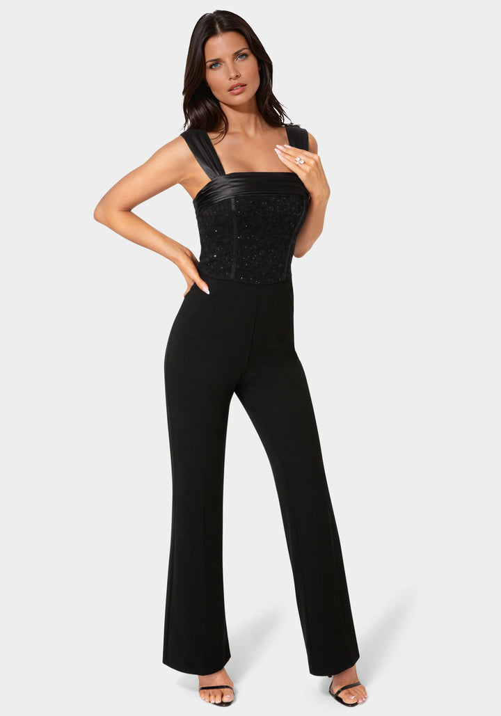 Detail View-Palazzo Leg Lace Corset Jumpsuit-Black