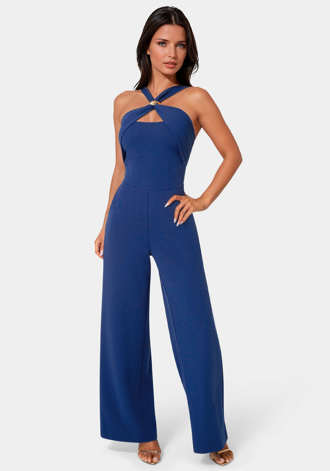 Front View - Knit Crepe Twist Wide Leg Jumpsuit - Blue Intention