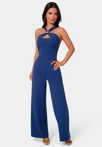 Front View - Knit Crepe Twist Wide Leg Jumpsuit - Blue Intention
