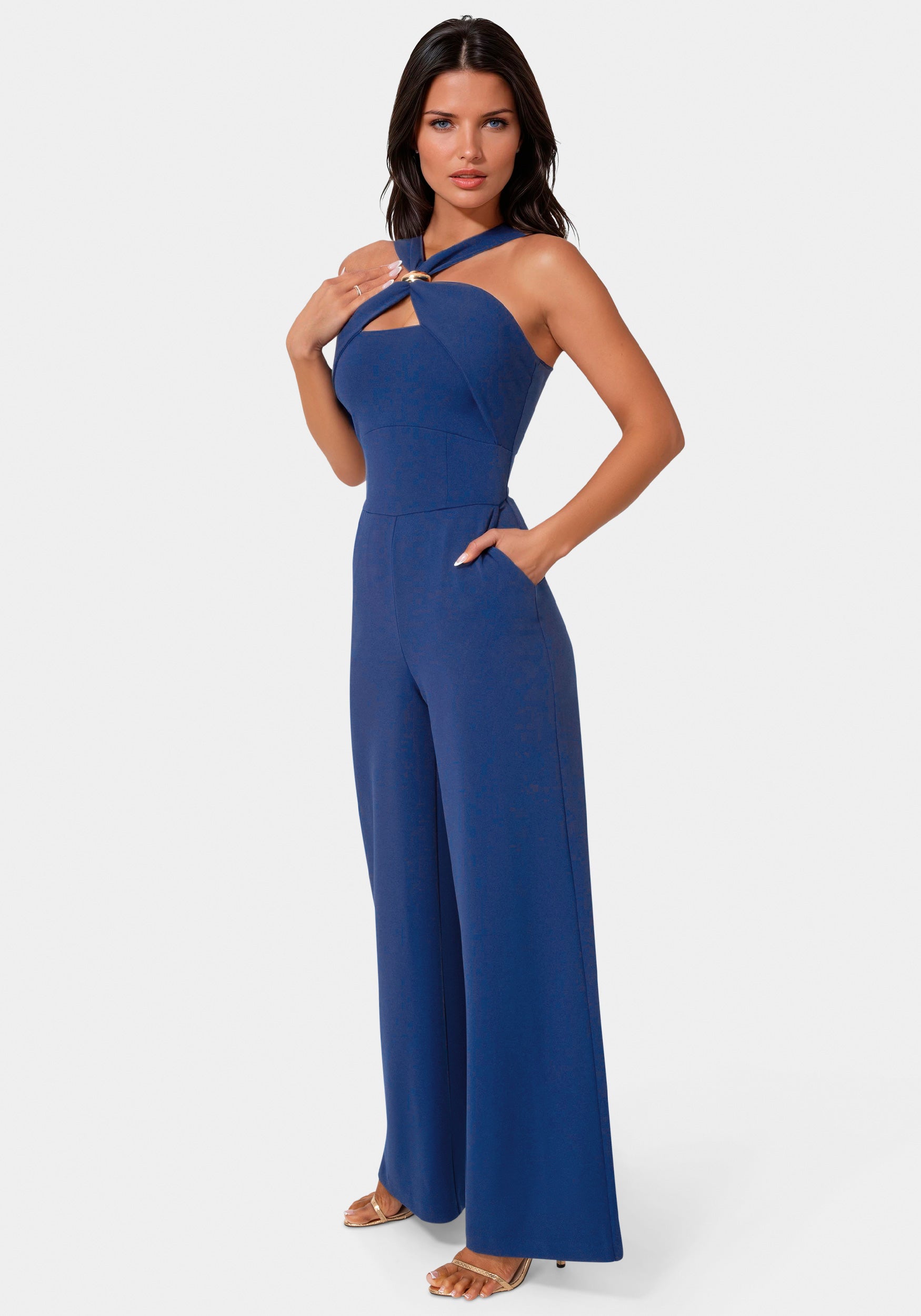 Knit Crepe Twist Wide Leg Jumpsuit – bebe