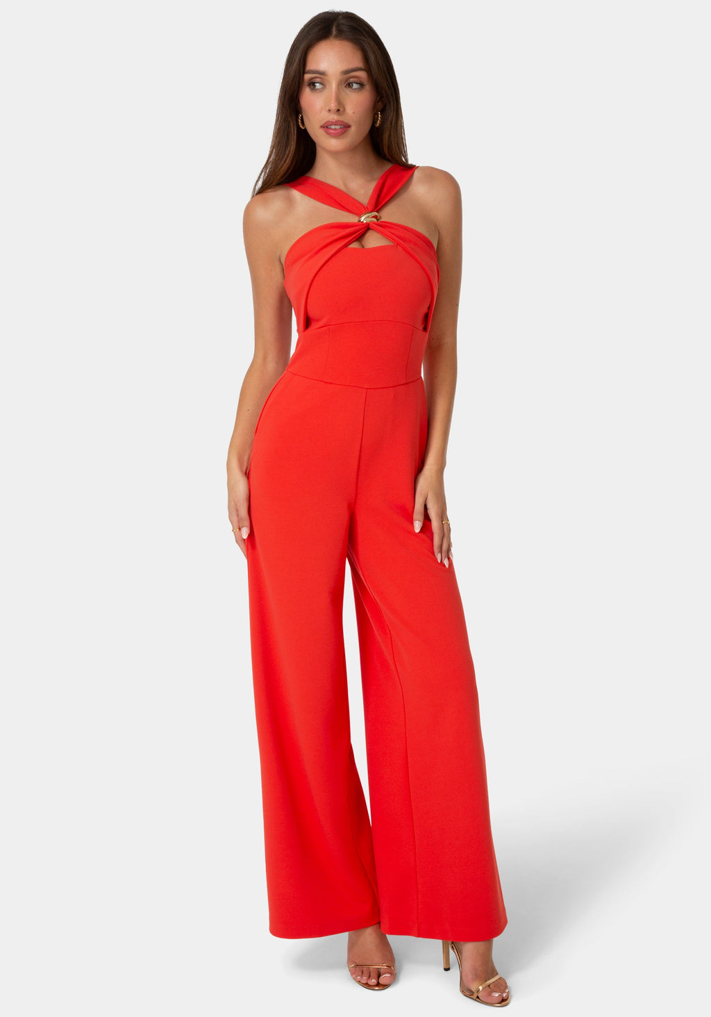 Front View-KNIT CREPE TWIST WIDE LEG JUMPSUIT-VOLCANIC RED