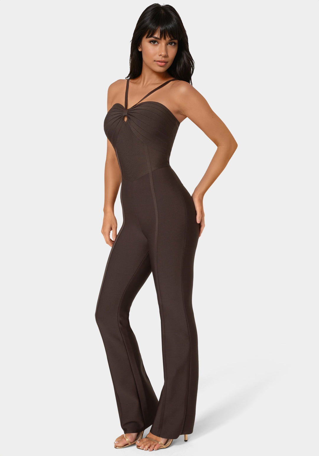 Side View-Bandage Mini Flare Leg Jumpsuit-Chocolate Martini