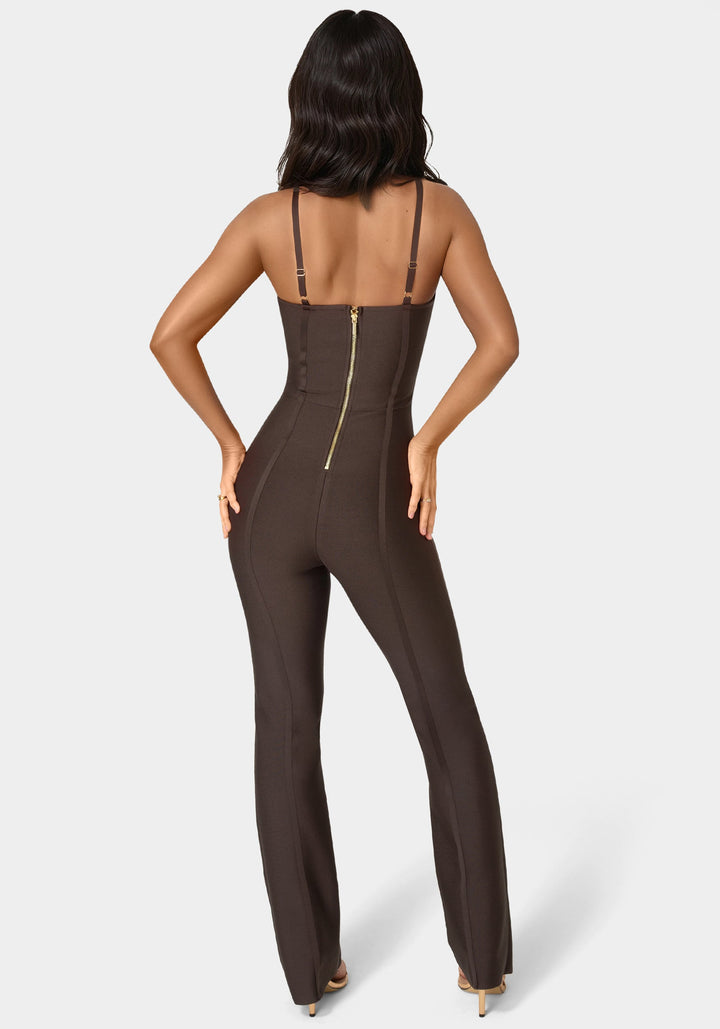 Back View-Bandage Mini Flare Leg Jumpsuit-Chocolate Martini