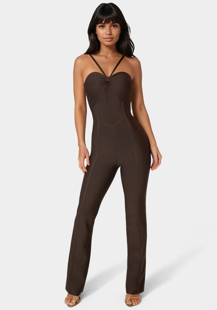 Front View-Bandage Mini Flare Leg Jumpsuit-Chocolate Martini