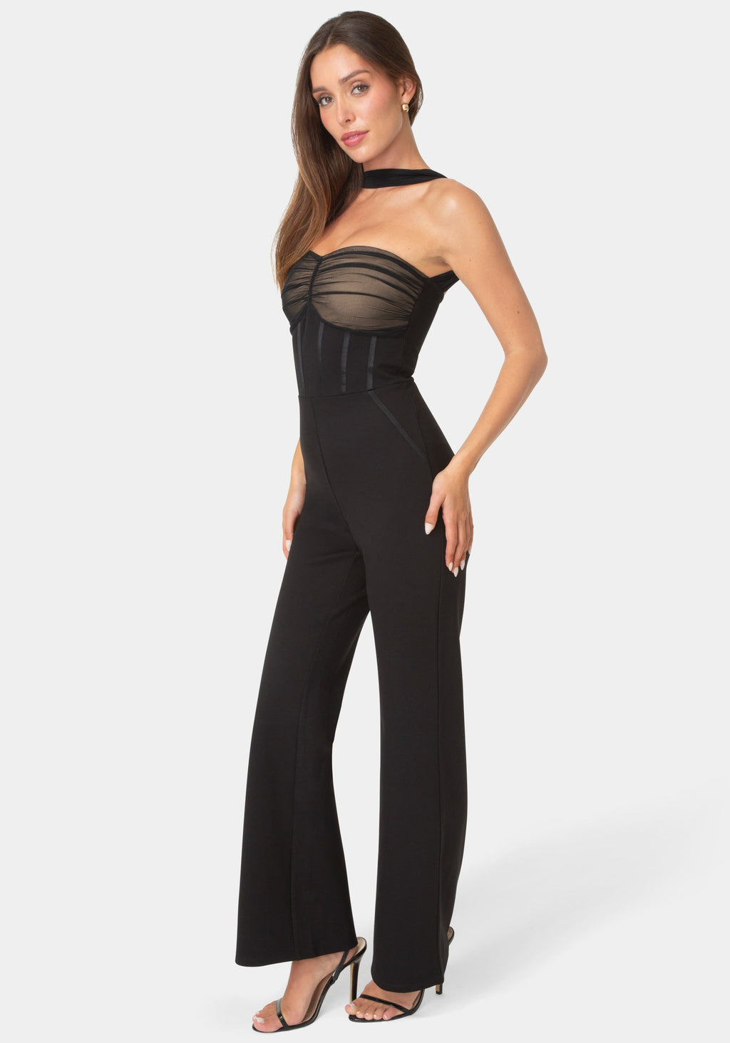 Side View-RUCHED BUST HALTER JUMPSUIT-BLACK/TRUFFLE