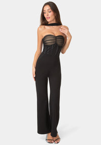 Detail View-RUCHED BUST HALTER JUMPSUIT-BLACK/TRUFFLE