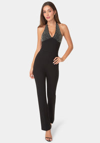 Front View-BEADED HALTER NECK JUMPSUIT-BLACK