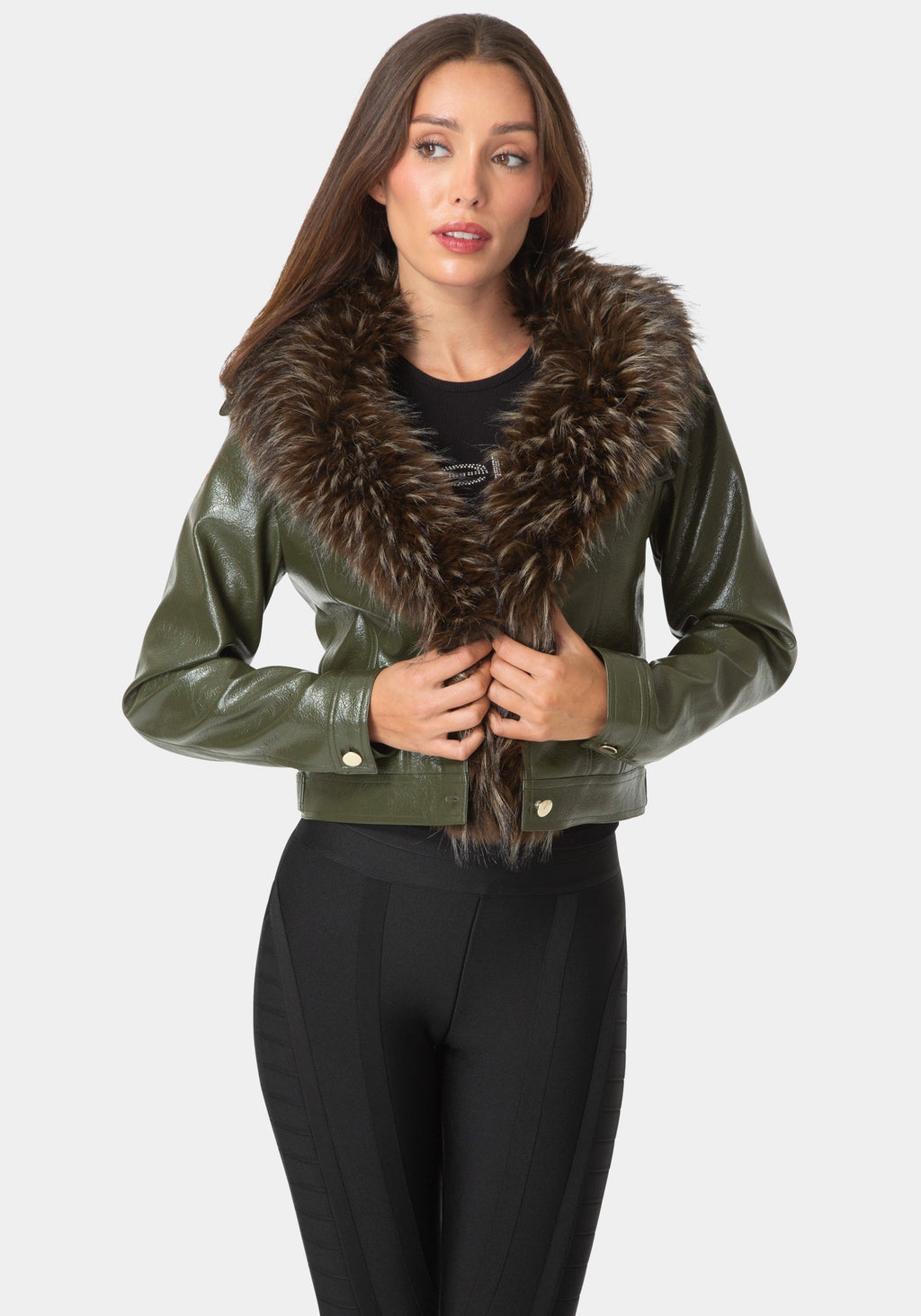 Front View-FAUX FUR SHORT JACKET-VELVET GREEN