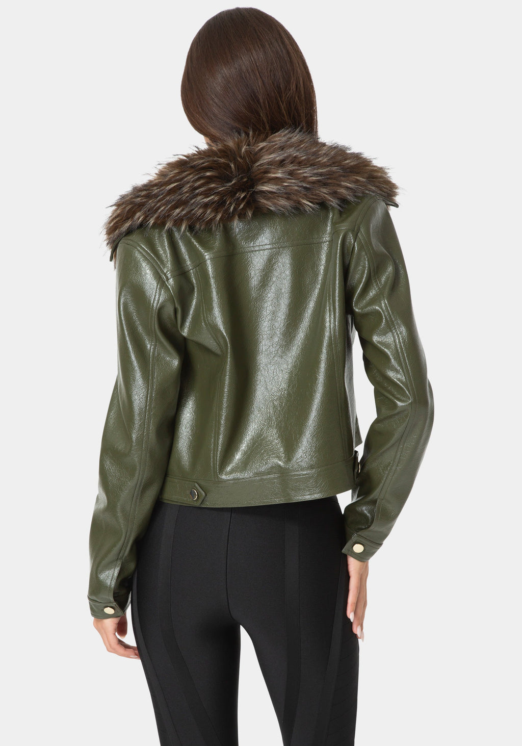 Back View-FAUX FUR SHORT JACKET-VELVET GREEN