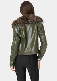 Back View-FAUX FUR SHORT JACKET-VELVET GREEN