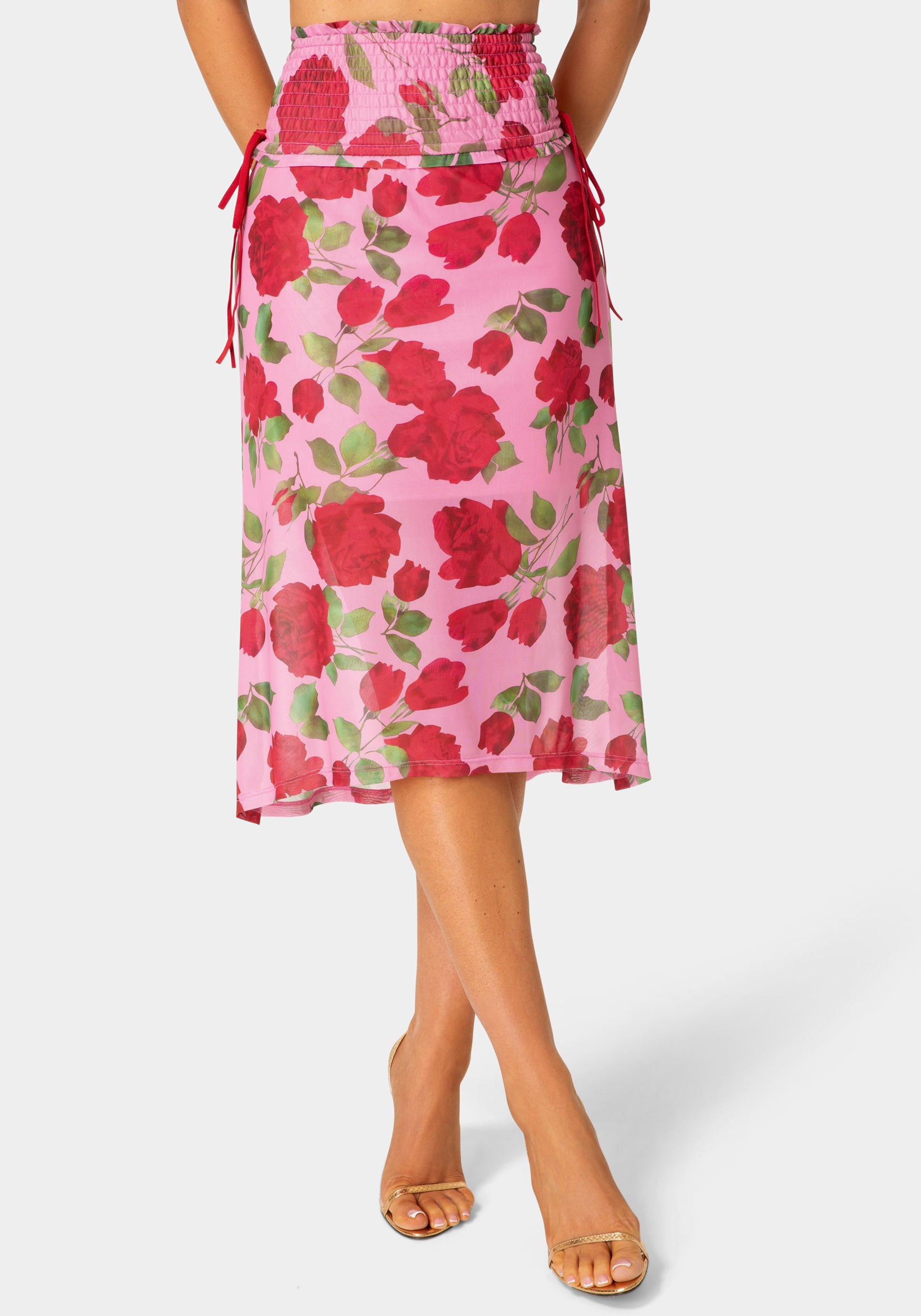 Front View-Floral Rinted Mesh Maxi Skirt-Rose Seduction Print