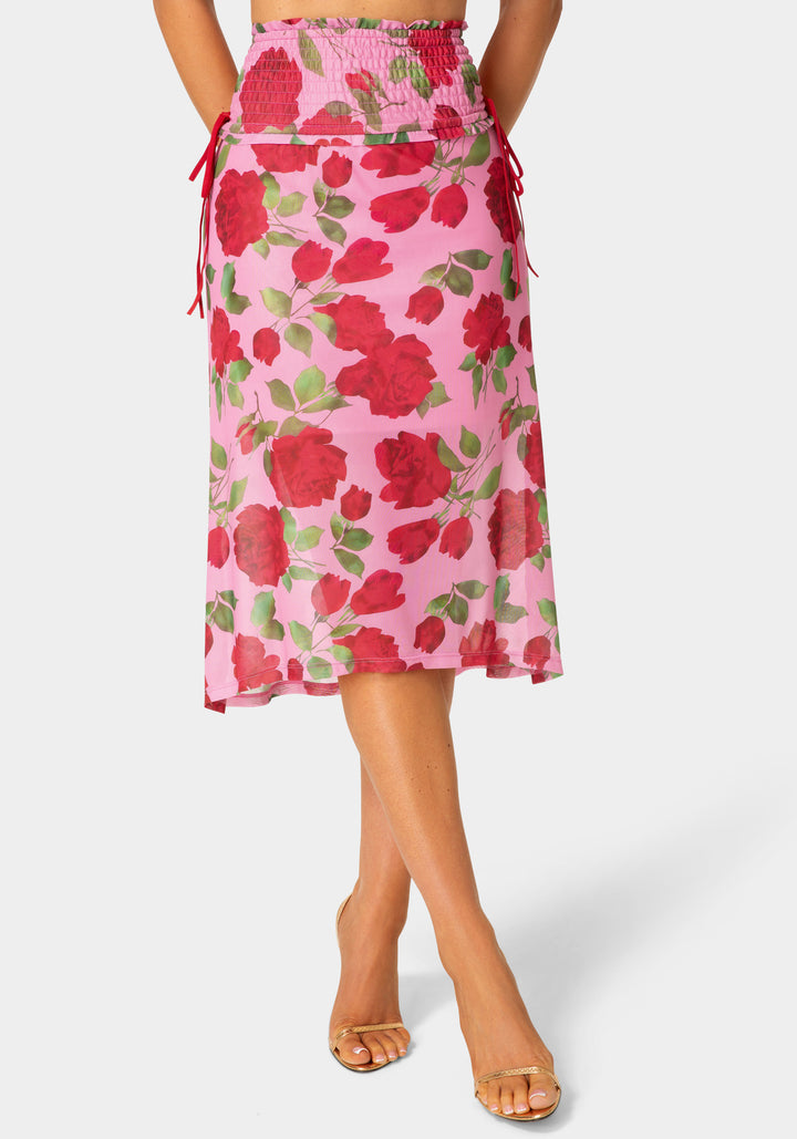 Front View-Floral Rinted Mesh Maxi Skirt-Rose Seduction Print