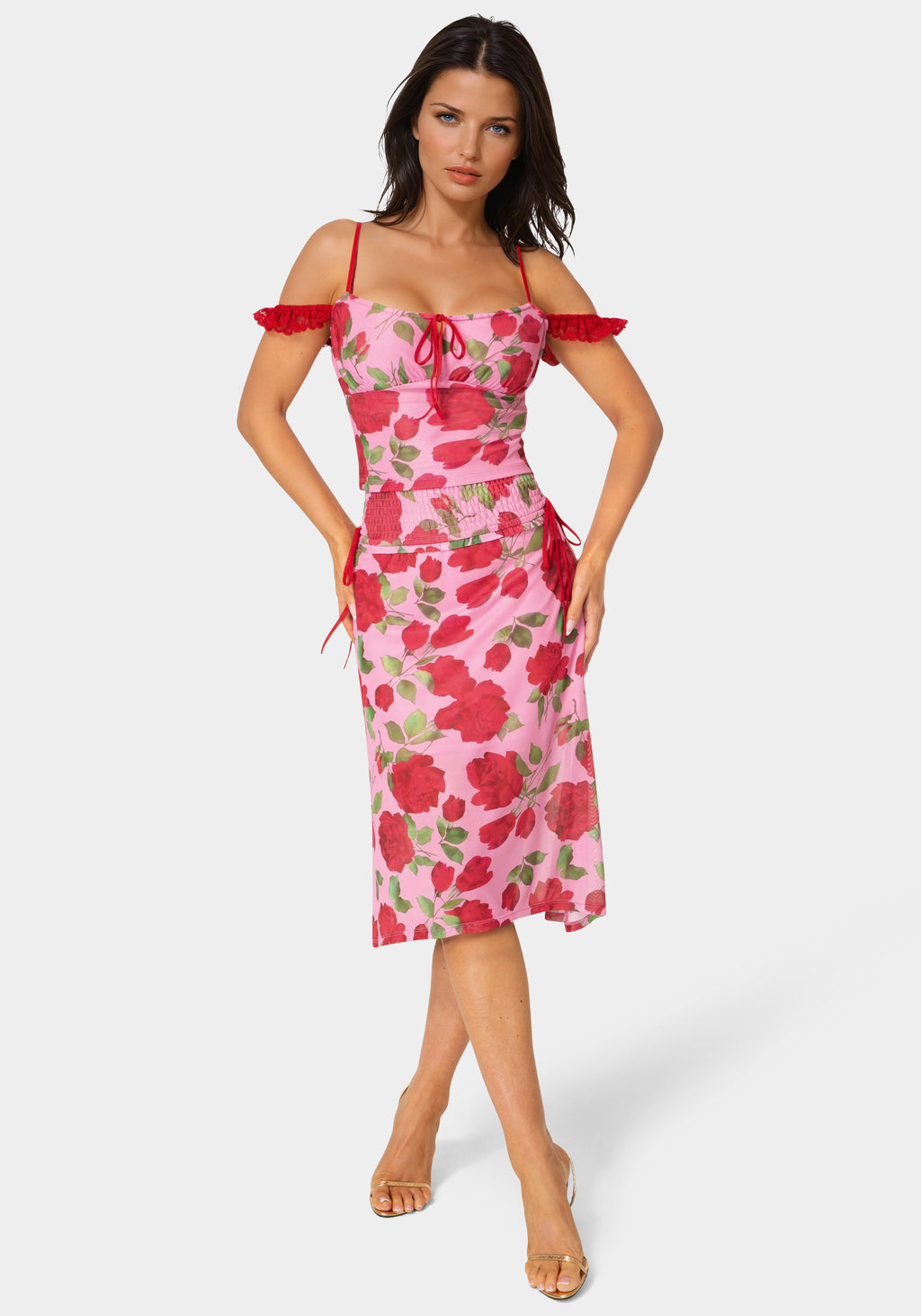 Detail View-Floral Rinted Mesh Maxi Skirt-Rose Seduction Print