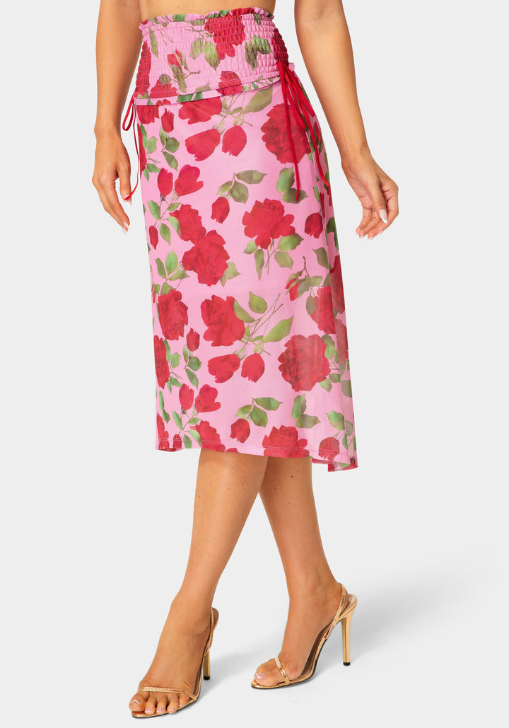 Side View-Floral Rinted Mesh Maxi Skirt-Rose Seduction Print
