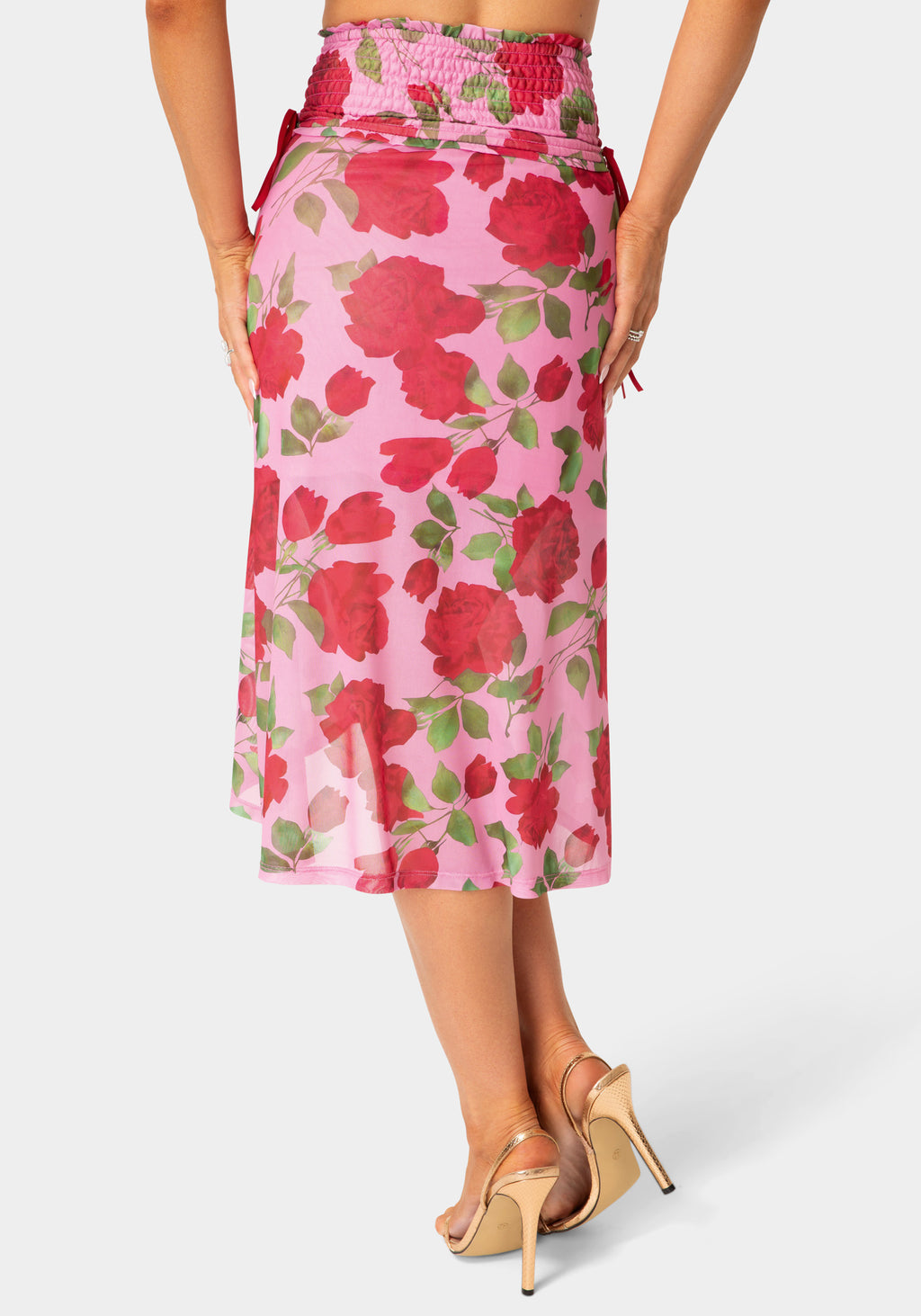 Back View-Floral Rinted Mesh Maxi Skirt-Rose Seduction Print