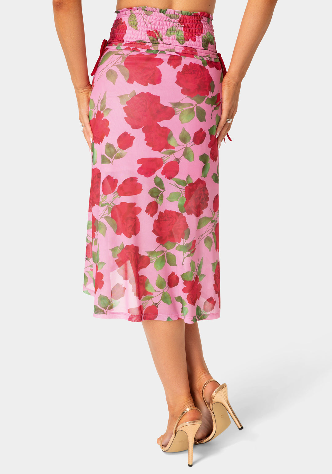 Back View-Floral Rinted Mesh Maxi Skirt-Rose Seduction Print