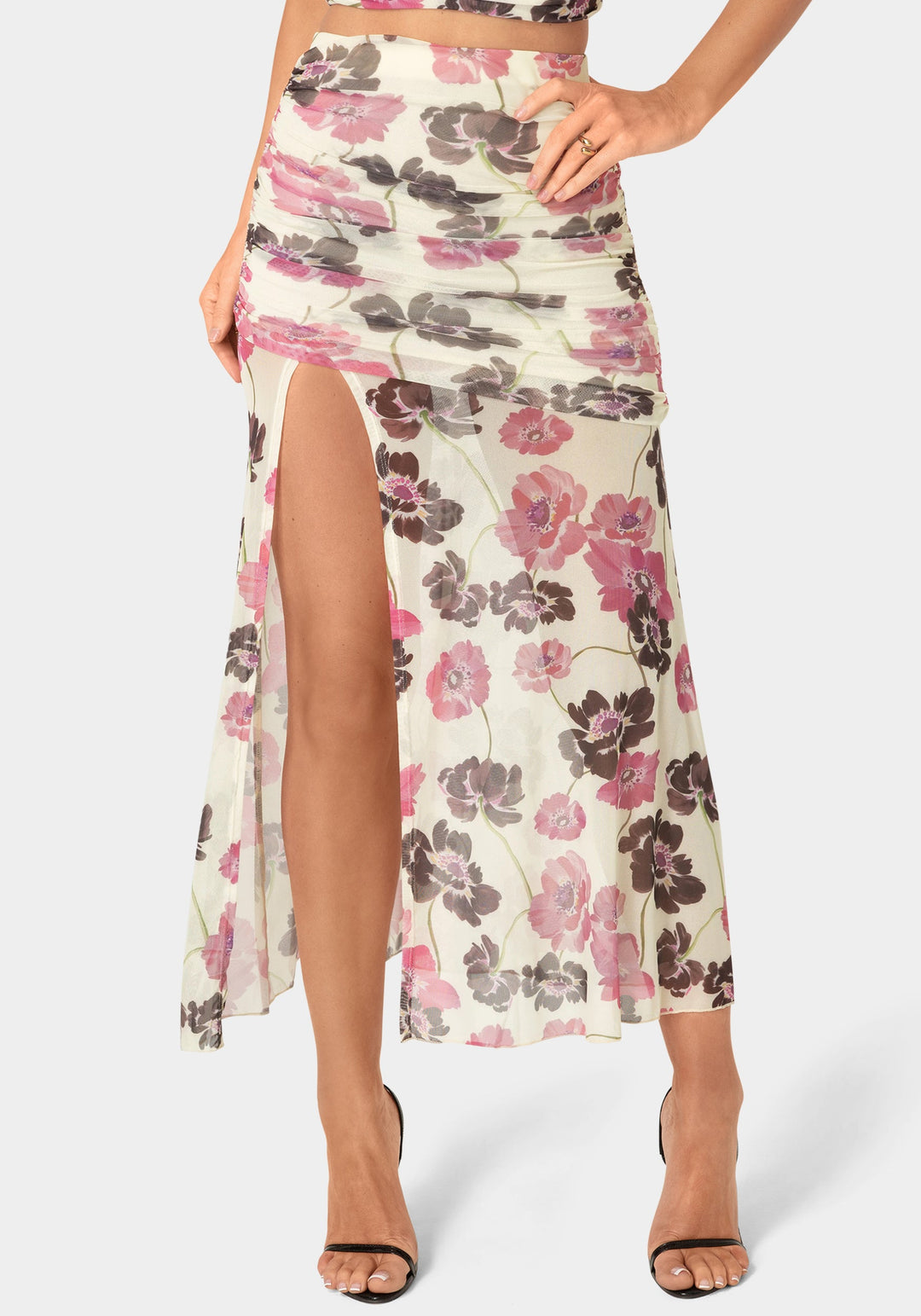 Front View-Maxi Mesh Shirred Skirt-Wild Garden Prt