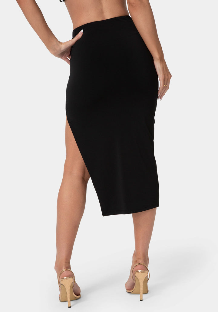 Back View-Fitted Midi Knit Skirt-BLACK