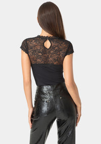 Back View-Lace Cap Sleeve Rib Knit Top-BLACK