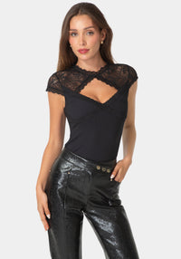 Front View-Lace Cap Sleeve Rib Knit Top-BLACK