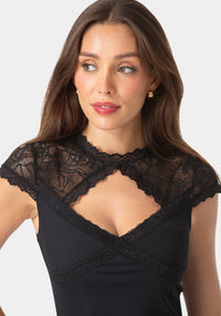 Other View-Lace Cap Sleeve Rib Knit Top-BLACK