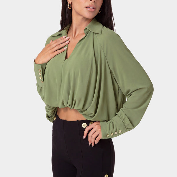 Side View-SHEER BUBBLE BLOUSE-SAGE GREEN