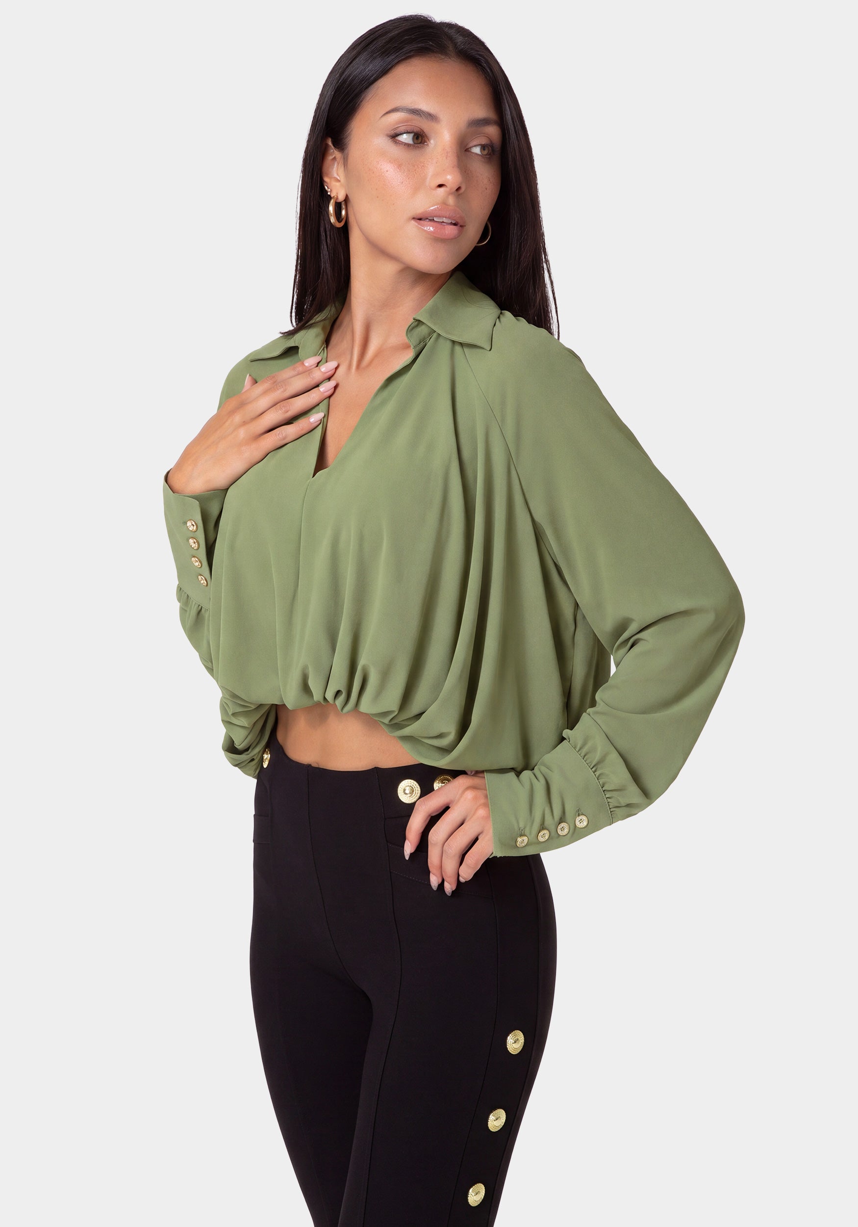Side View-SHEER BUBBLE BLOUSE-SAGE GREEN