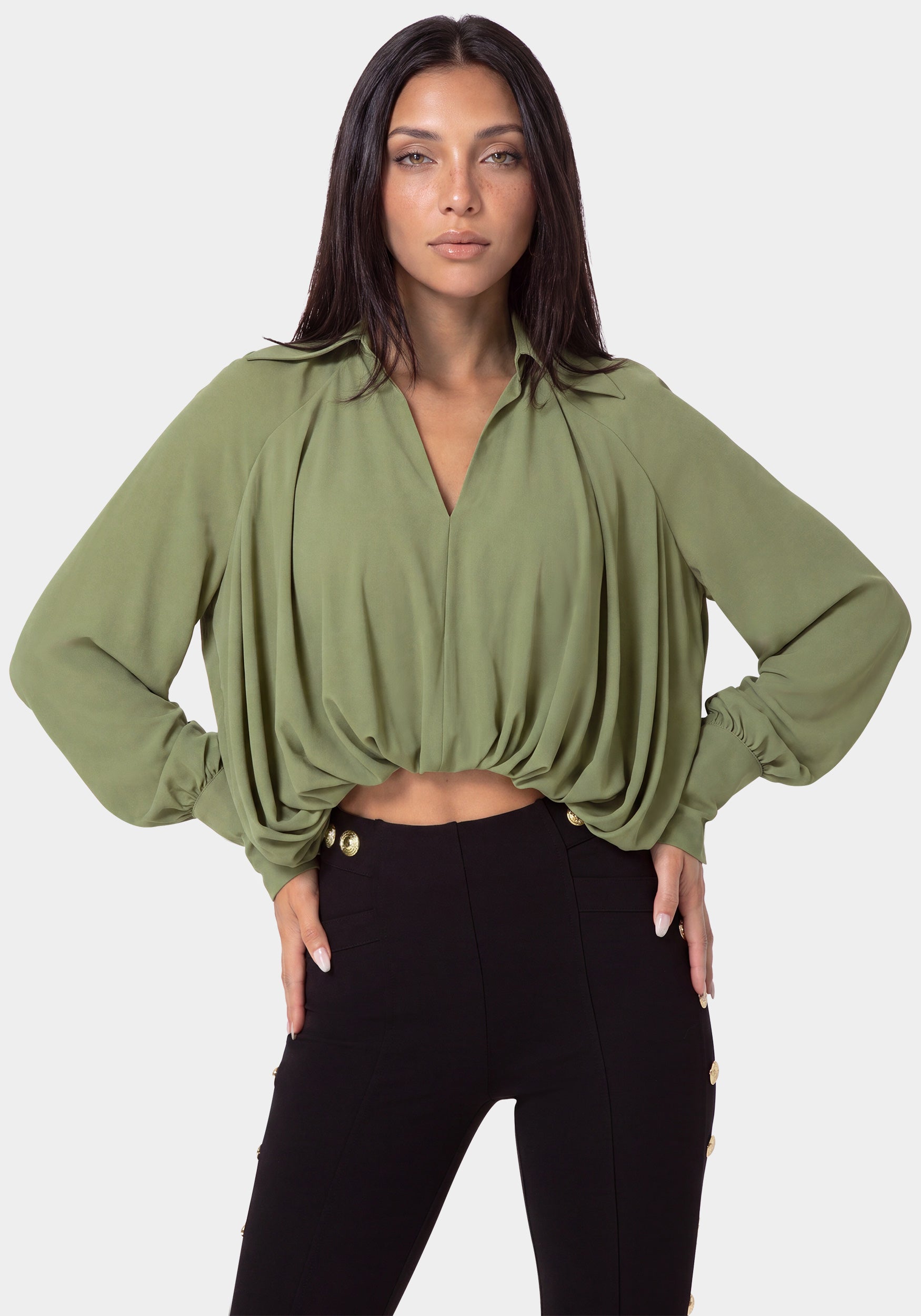 Front View-SHEER BUBBLE BLOUSE-SAGE GREEN
