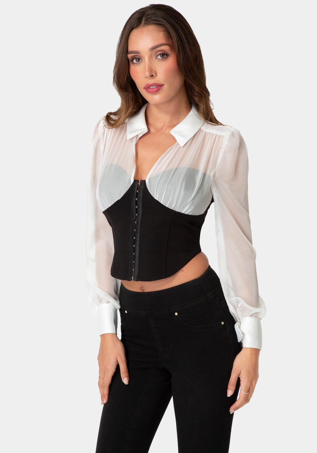 Front View-Corset  Blouse-BLACK/WHITE ALYSSUM