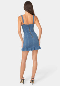 Back View-STUDDED FITTED DENIM DRESS-MEDIUM BLUE WASH