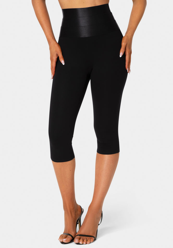 Front View - High Waist Satin Elastic Capri Legging - Black
