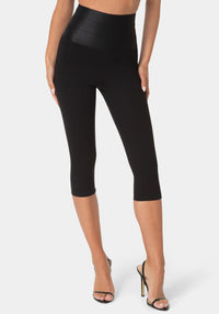 Front View-High Waist Satin Elastic Capri Legging-Black