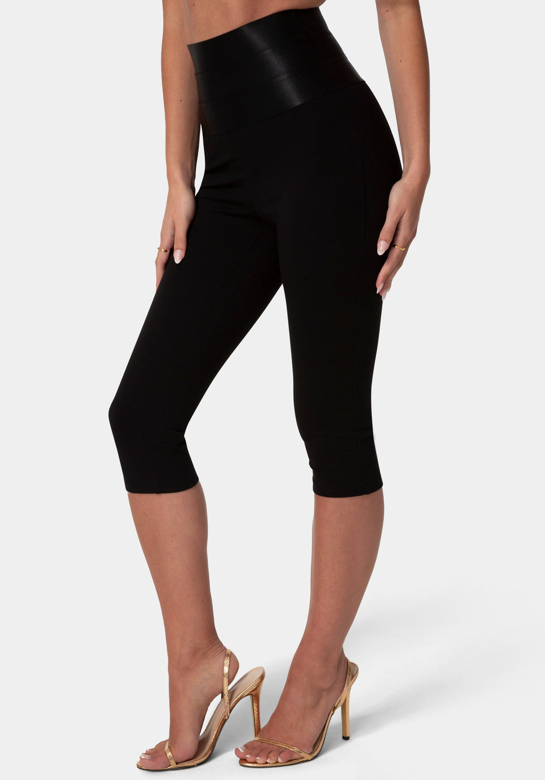 Side View-High Waist Satin Elastic Capri Legging-Black
