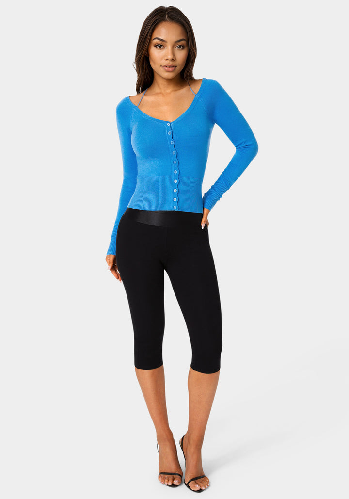 Additional View - High Waist Satin Elastic Capri Legging - Black