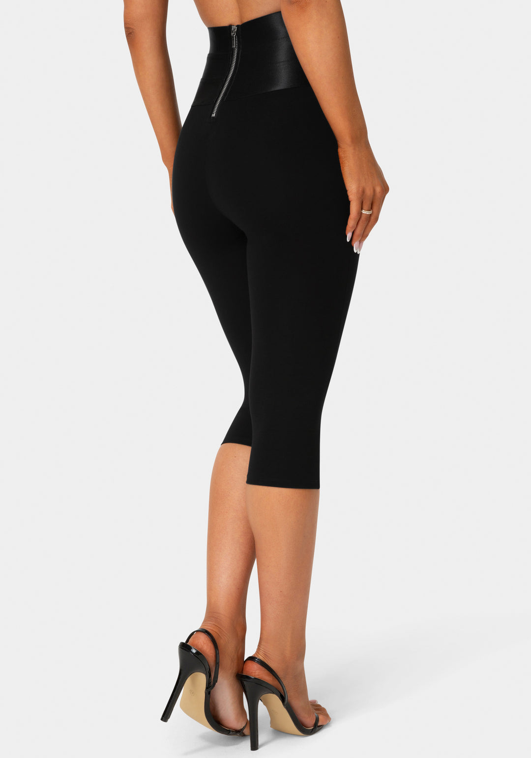 Back View - High Waist Satin Elastic Capri Legging - Black