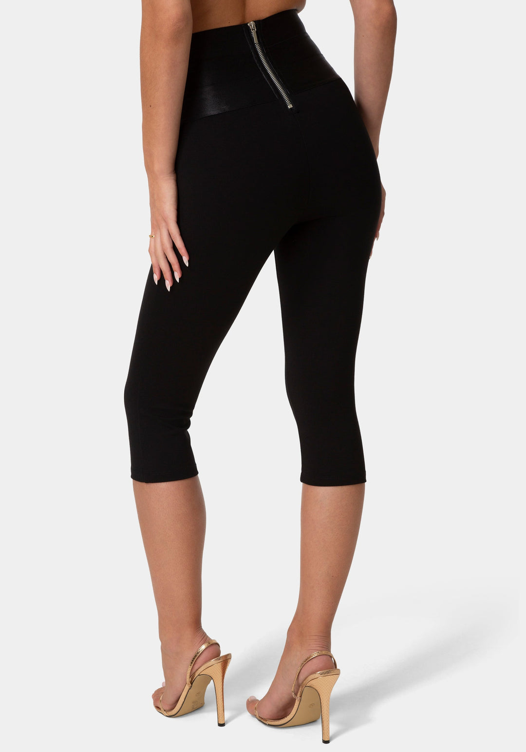 Back View-High Waist Satin Elastic Capri Legging-Black