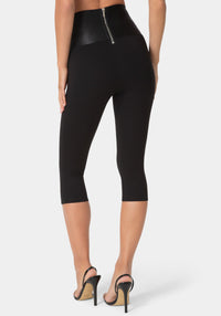 Back View-High Waist Satin Elastic Capri Legging-Black