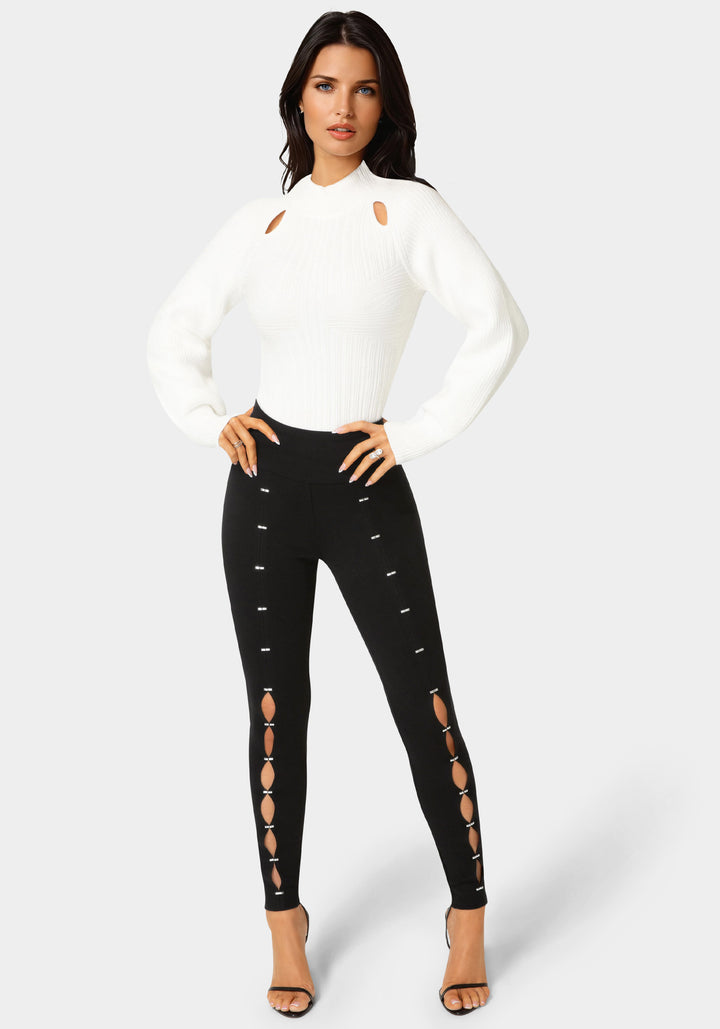 Detail View-Ladies Knit Leggings-Black