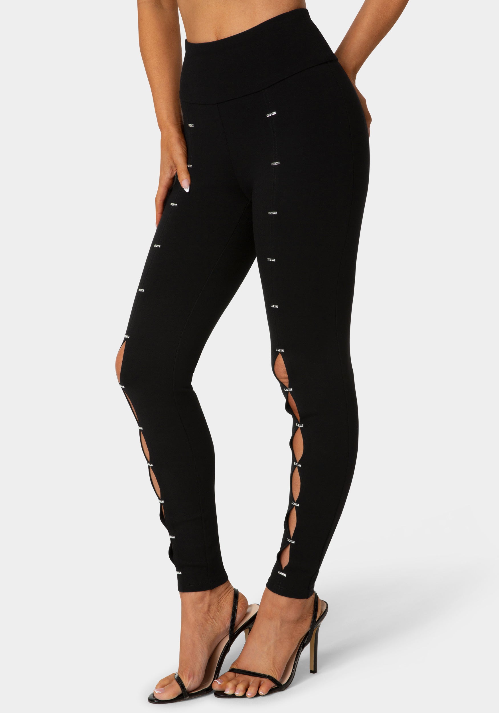 Side View-Ladies Knit Leggings-Black
