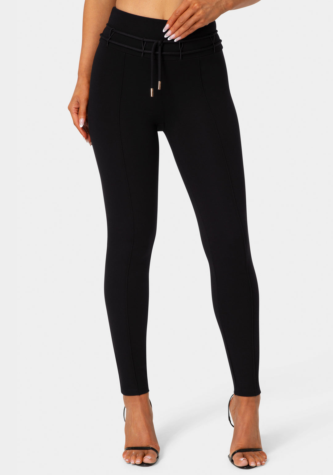 Front view - High Waist Thin Belts Legging - Black