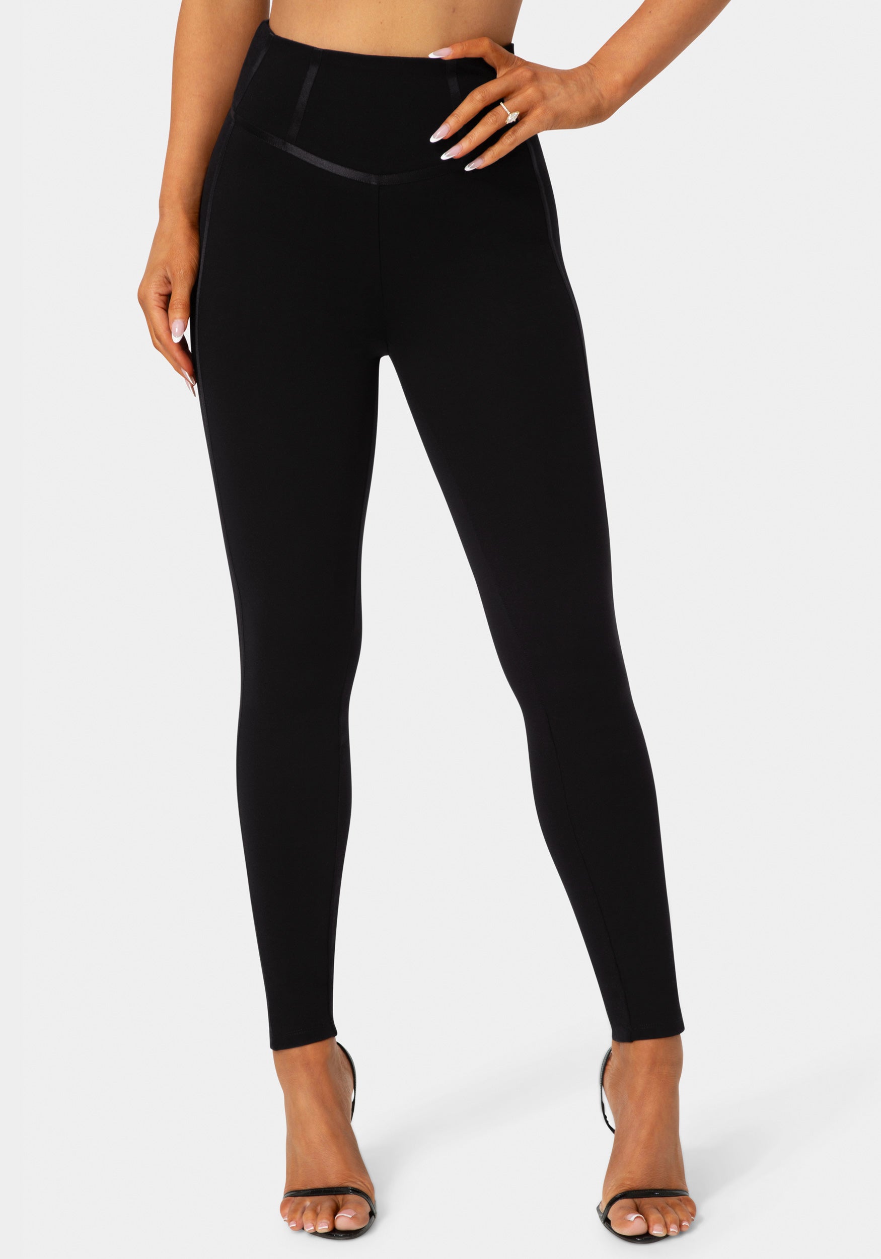 Front View - High Waist Corset Illusion Legging - Black