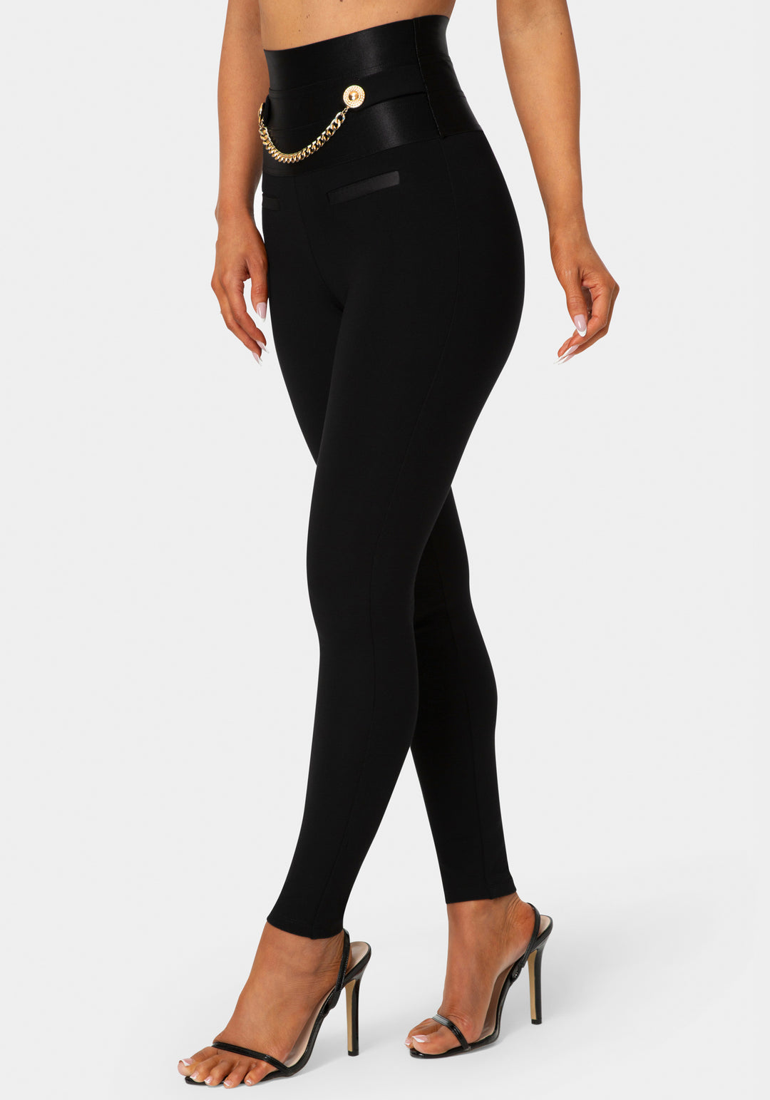 Side View - Satiny High Waist Gold Chain Legging - Black