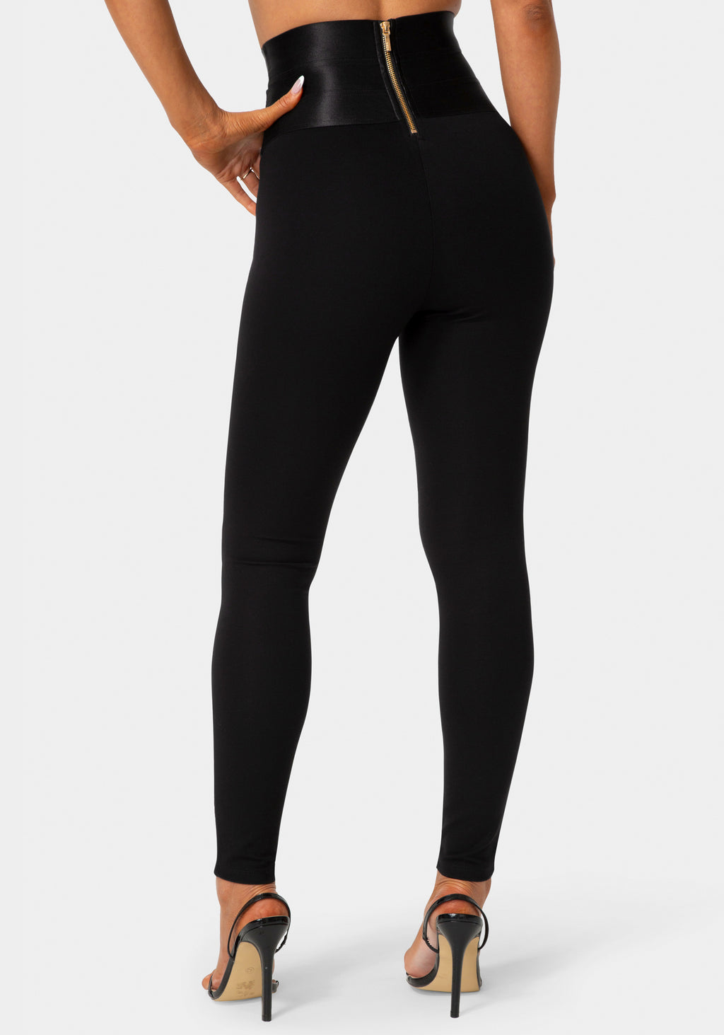 Back View - Satiny High Waist Gold Chain Legging - Black