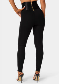 Back View - Satiny High Waist Gold Chain Legging - Black