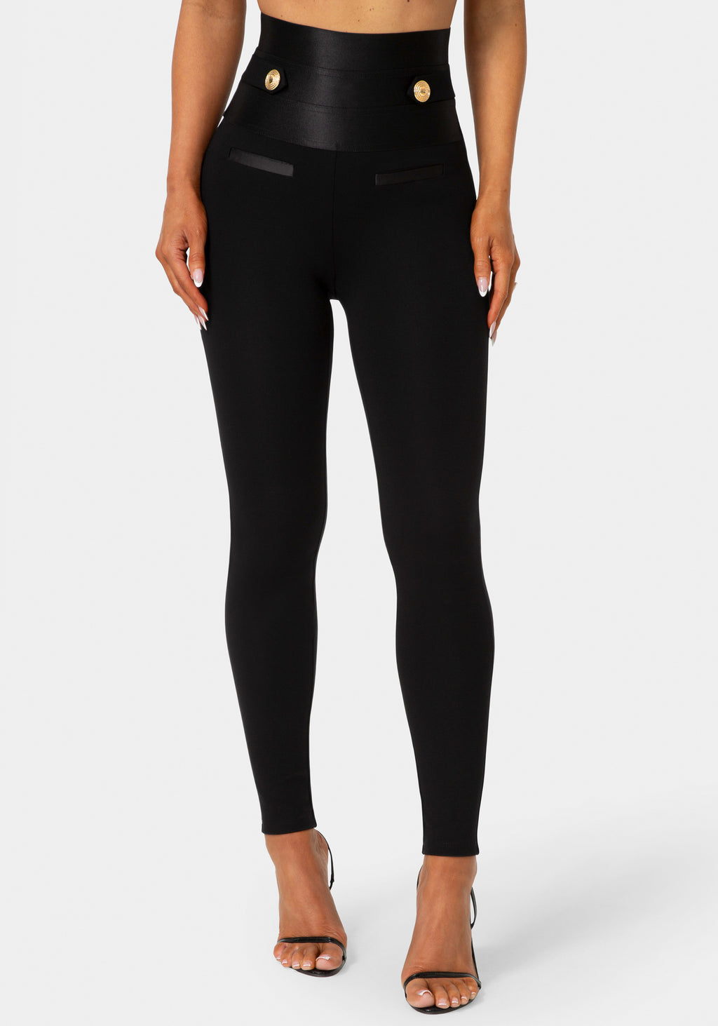 Front View - Satiny High Waist Gold Chain Legging - Black