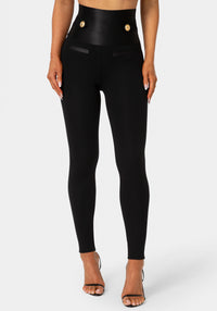 Front View - Satiny High Waist Gold Chain Legging - Black