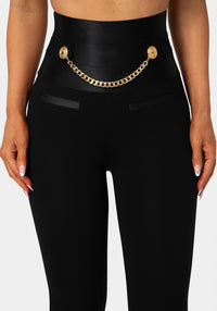 Detail View - Satiny High Waist Gold Chain Legging - Black