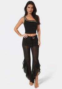 Detail View-High Waist Ruffle Hem Pant-Black