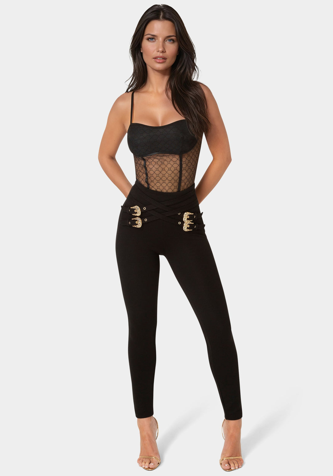 Front View-High Waisted Belted Legging-Black